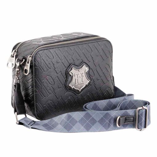 Bolsa Preta c/ 2 Fechos c/ Logo Hogwarts em Prateado- Harry Potter