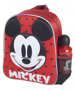 Mochila Infantil 3D Vermelha e Preta com Oferta de Garrafa - Mickey