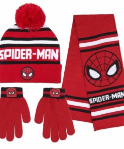 Conjunto Gorro com Luvas e Cachecol Vermelhos Olhos e Letras Brancas - Spiderman