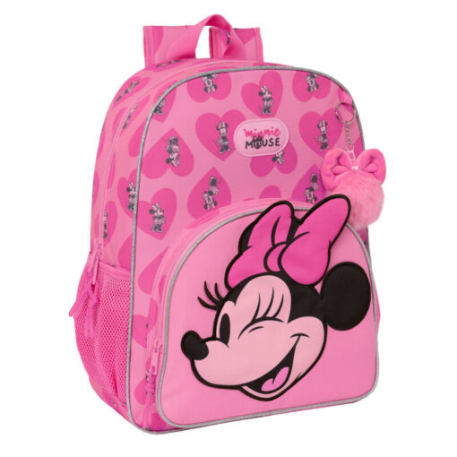 Mochila Escolar Rosa C/ Pom Pom e Corações 42cm "Loving" - Minnie, 8412688525102
